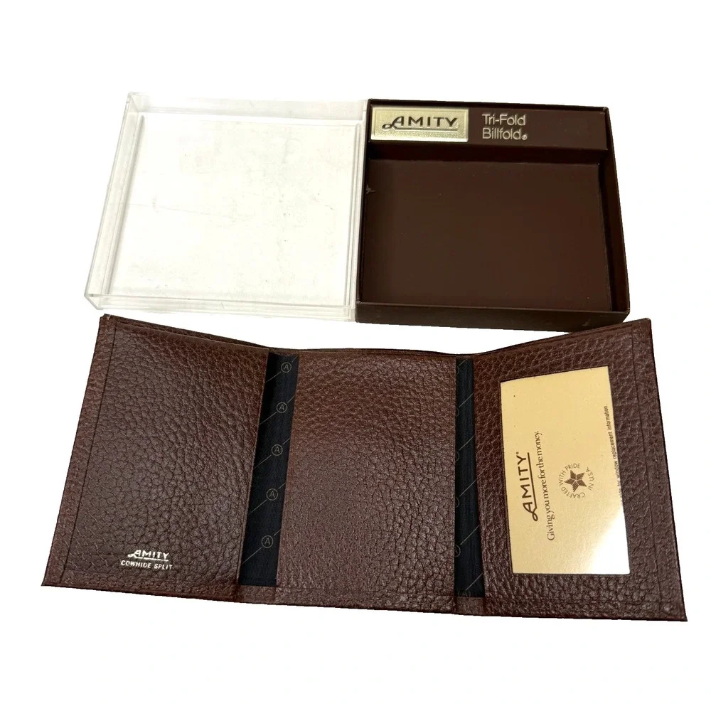 NEW Men's Amity Tri Fold Billfold Wallet Vintage Brown Cowhide Leather with Box